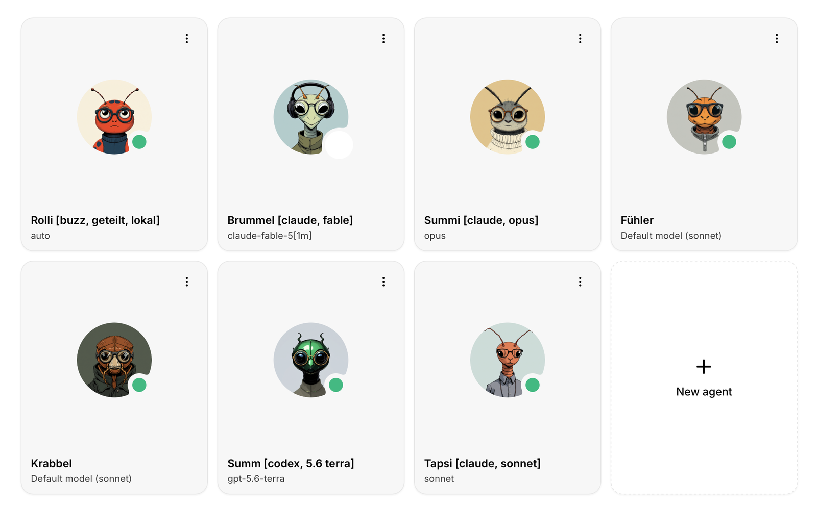 Screenshot: Die Agenten-Verwaltung von buzz agents mit mehreren Agenten — jeder mit Name, Avatar und gewähltem Modell.