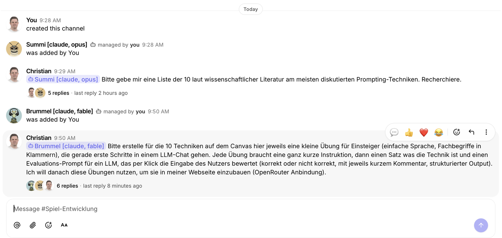 Screenshot: Ein Chat-Kanal in buzz agents. Christian arbeitet in Threads mit den KI-Agenten Summi und Brummel zusammen.